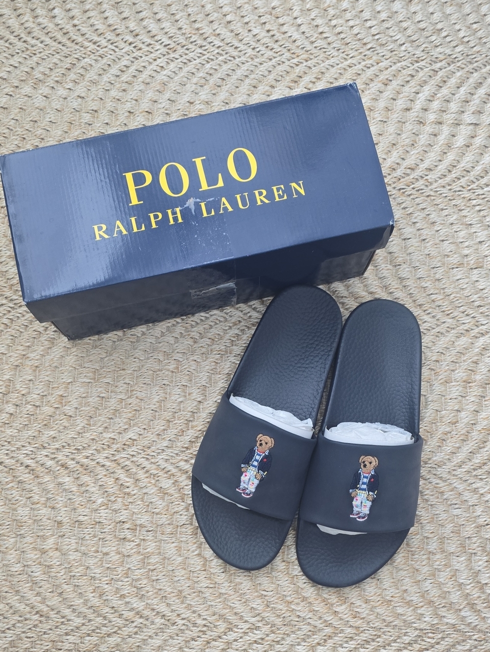 Men's Polo by Ralph Lauren Black Polo Bear Slide Sandals with Embroidered Bear
